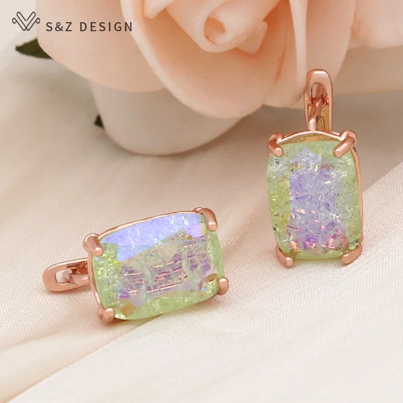 S&Z DESIGN New Fashion Rectangle Ice Crack Crystal Dangle Earrings For Women 585 Rose Gold Color Wedding Jewelry Eardrop