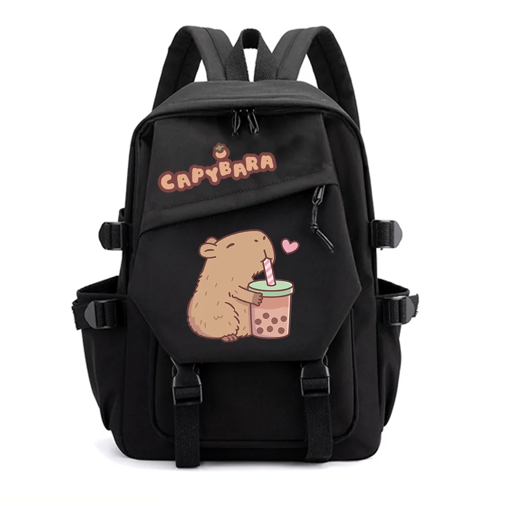 Anime Backpack for School Kids Girls Boys Leisure Simple Pink Schoolbag Anime Cute Capybara Loves Bubble Tea Travel Backpack Bag 4