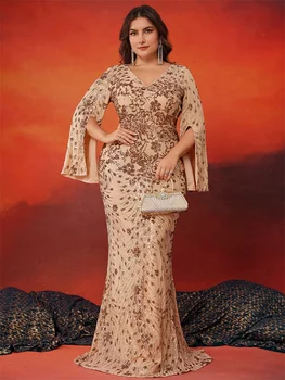 فساتين سهرة ذهبية فاخرة مقاس كبير للنساء 2024 بأكمام طويلة حورية البحر ترتر رسمي للحفلات الراقصة وحفلات الزفاف وحفلات الكوكتيل 5