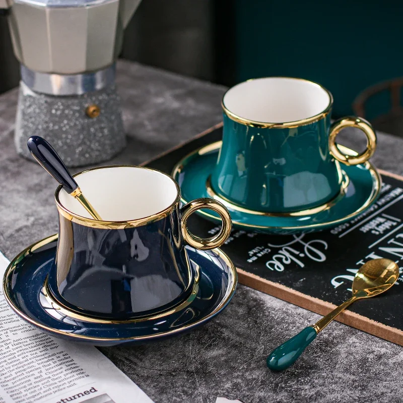 220ML European Simple Phnom Penh Ceramic Coffee Cup And Dish Set Luxury Black Afternoon Flower Tea Dim Sum Coffee Cup Gift Set