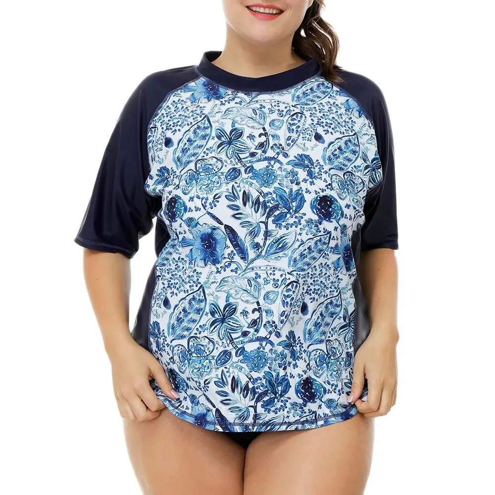 Women Short Sleeve Retro Floral Print Rash Guard Swimsuit Surfing For Attraco Womens Plus Size UPF50+ Beach Wear