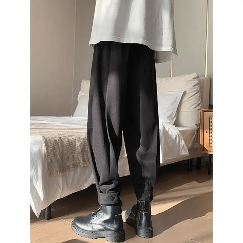 Spring Autumn Solid Color Fashion Elastic Waist Haren Pants Man High Street Casual Button Pockets Patchwork Drawstring Trousers