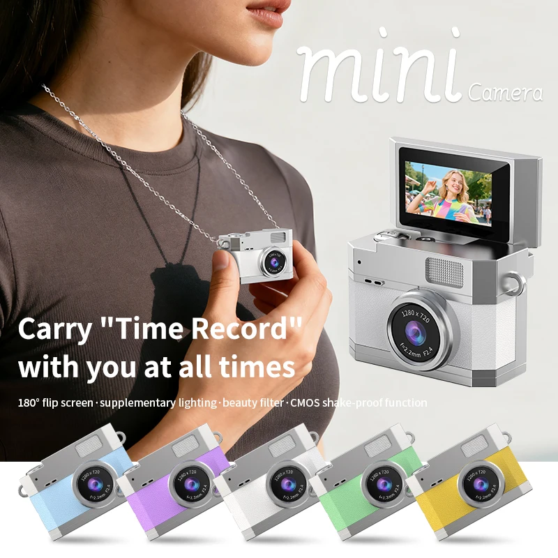Compact Retro-Style Mini Digital Camera with Flip Selfie Screen and LED Fill Light