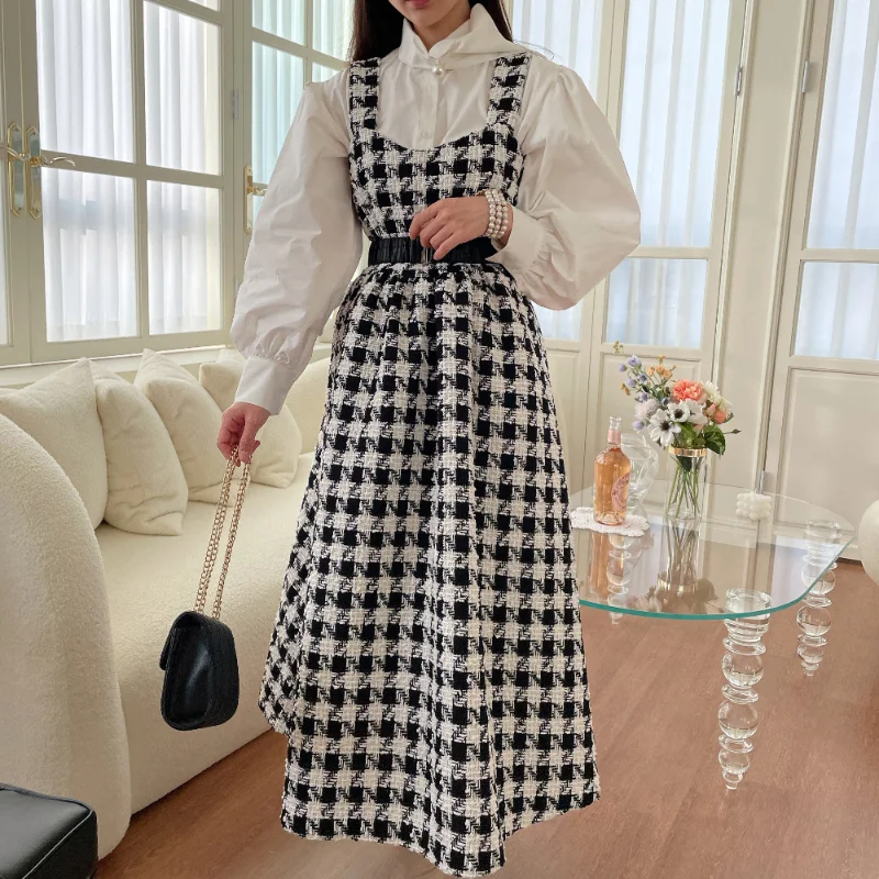 Autumn French Chic Ribbon Pearl Long Sleeve Shirt+ Plover Case Vest Long Dress with Belt Elegant Sweet Two-piece Women Set 1567