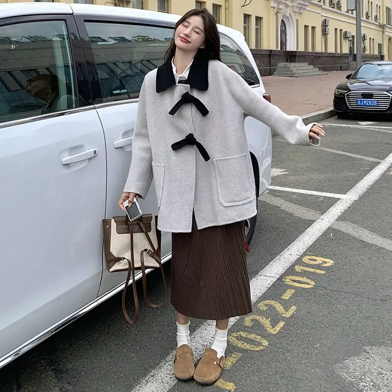 Korea Woolen Ladies Coat Autumn Winter Academy Style Contrast Turndown Collar Bandage Loose Versatile