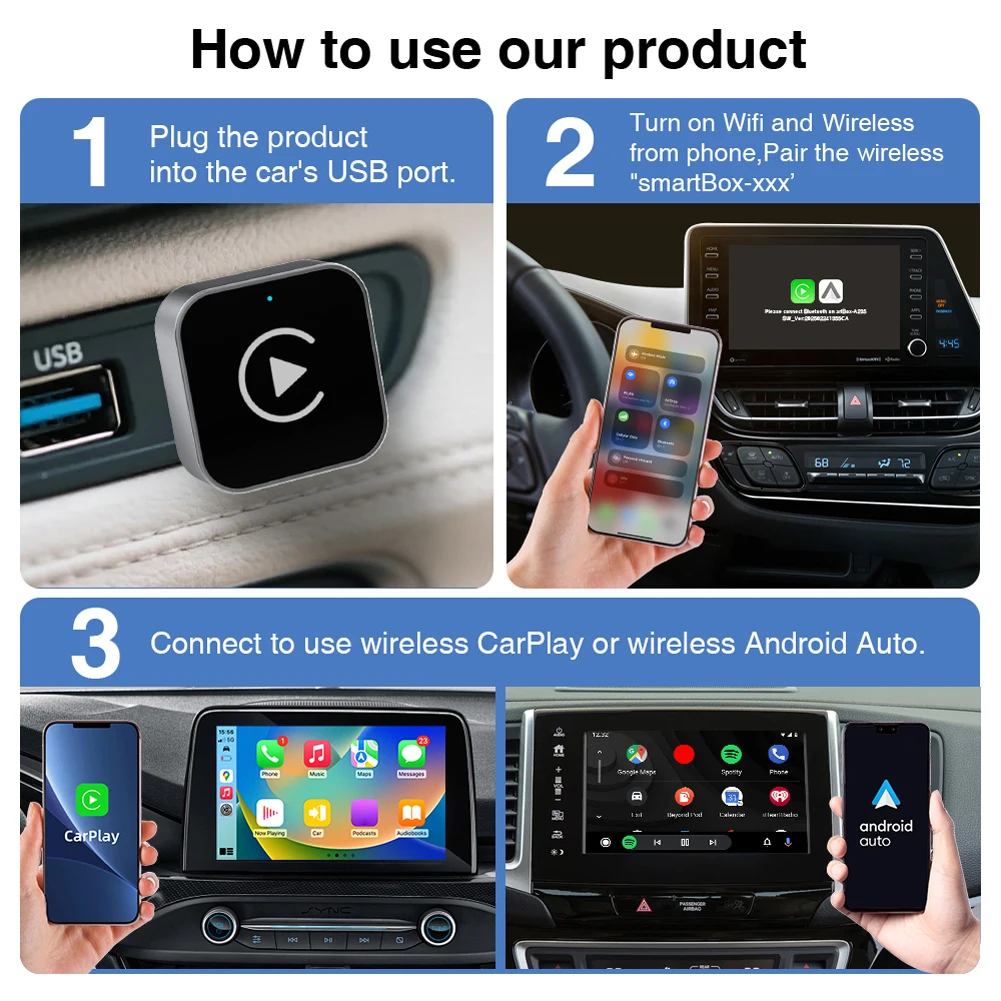 2 in 1 Wireless CarPlay Android Auto Adapter Wireless CarPlay Adapter Smart USB Dongle for iPhone and Android Factory Wired Cars