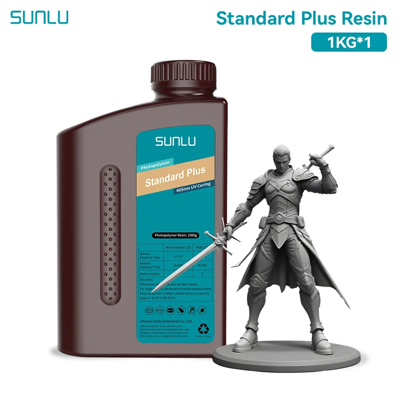 Resina UV SUNLU Standard Plus 405nm de Baixo Odor e Alta Fluidez para Impressora 3D LCD DLP SLA, Impressão Suave, Moldagem Fácil, Rápida, 1KG