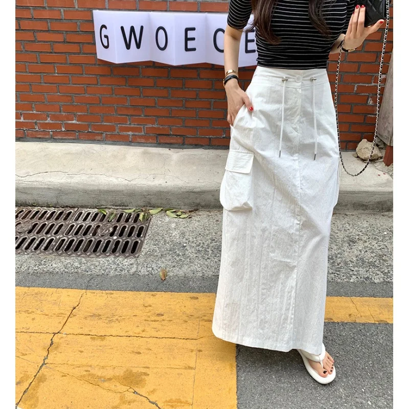 Korean Summer New Fashion High Waist Drawstring Waist Slimming Large Workwear with Pocket Long Dress for Women All-Match Ri