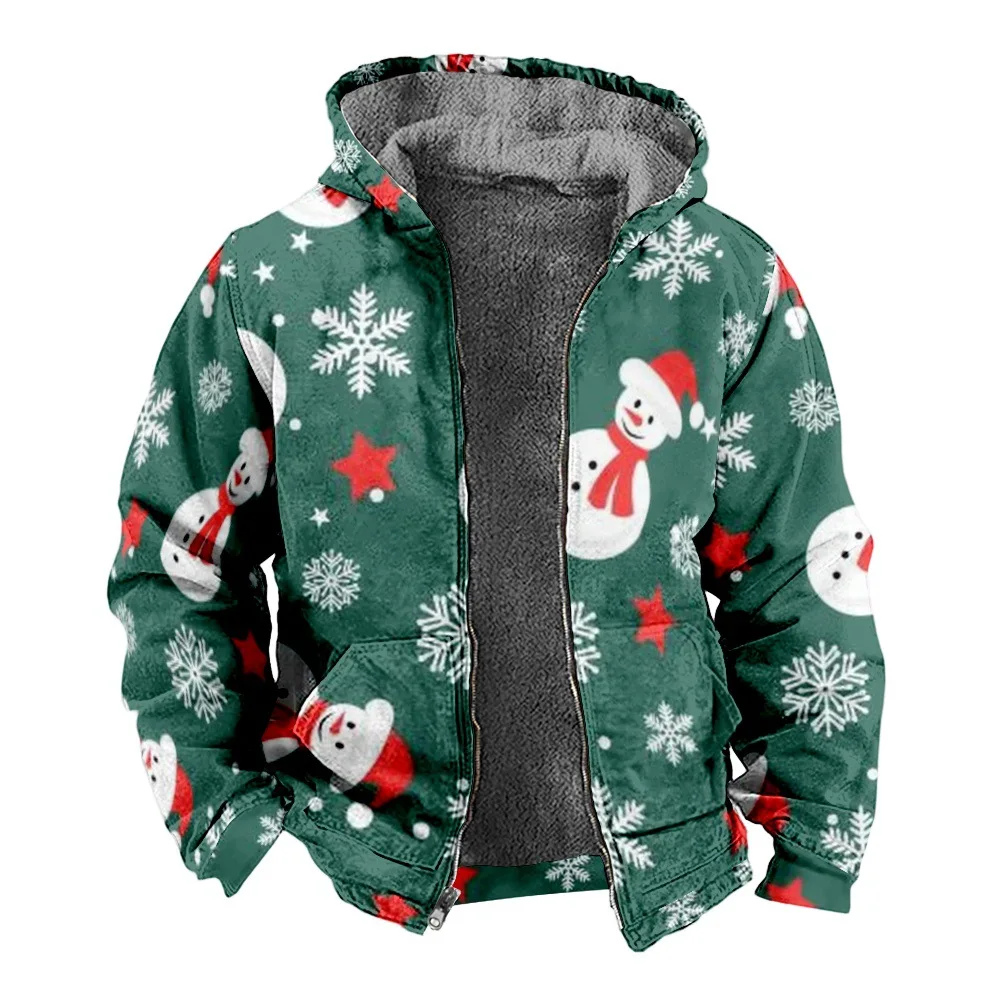 New Christmas Cotton Coat Hooded Sweater Casual Print Long Sleeve Zipper Sweater Thick Cotton Coat Winter