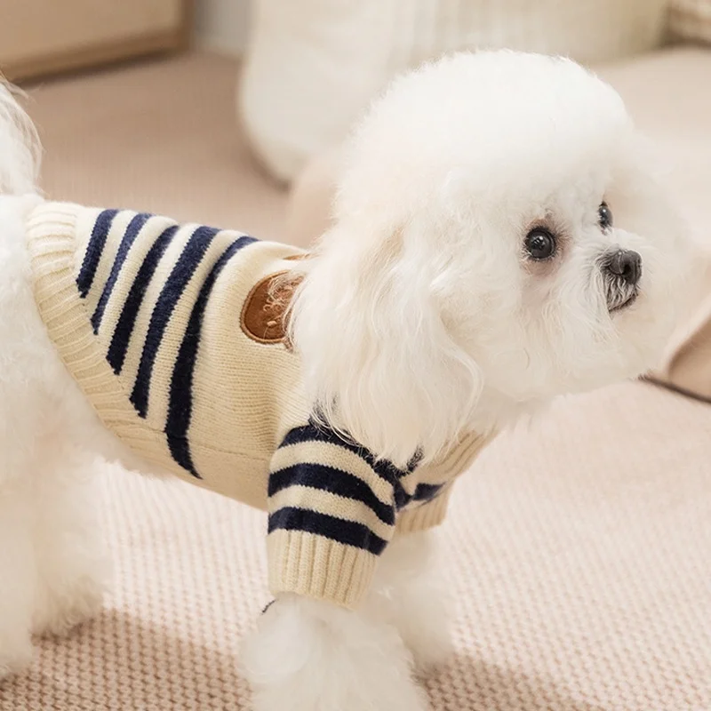 귀여운 줄무늬 개 옷 곰 인쇄 개 스웨터 겨울 따뜻한 강아지 니트 터틀넥 패션 고양이 풀오버 애완 동물 스웨터 의상