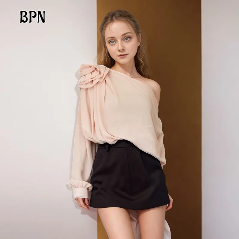 

BPN Temperament Patchwork Appliques Blouses For Women Diagonal Collar Long Sleeve Off Shoulder Solid Elegant Shirts Female Style