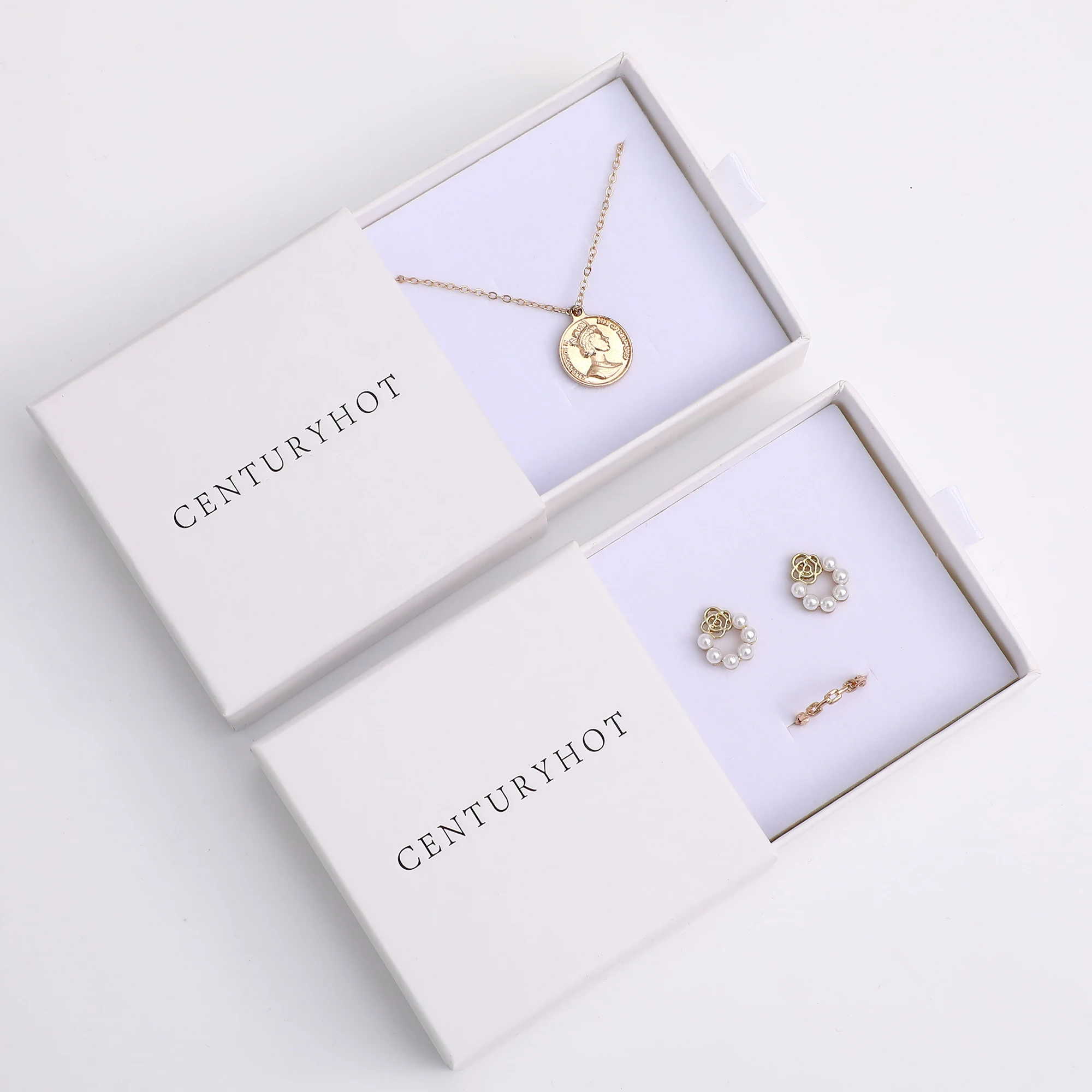 50-500pcsCustom Logo White Drawer Box Paper Cardboard Jewelry Box with Foam Inner Necklace Bracelet Ring Ring Earring Box
