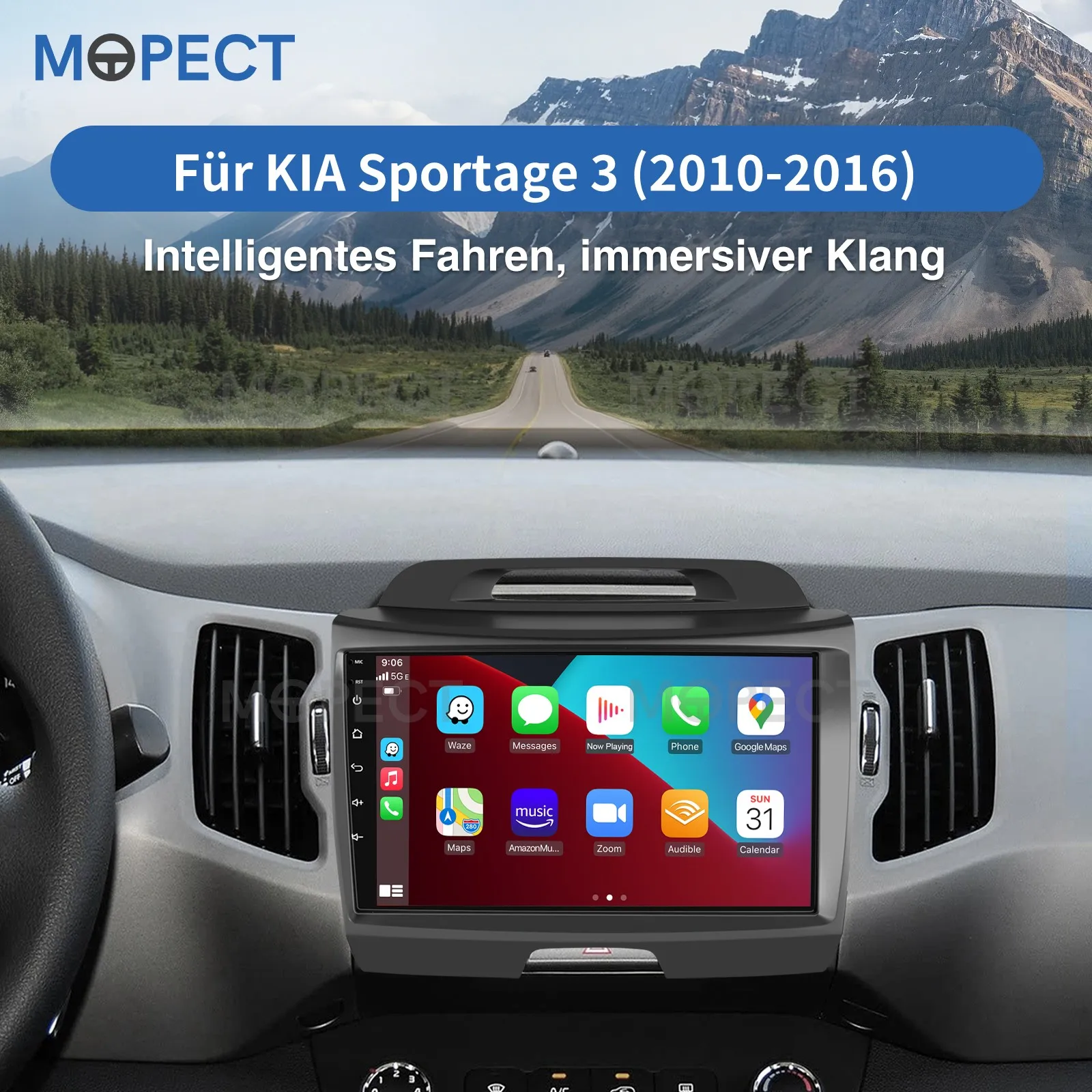 MOPECT 9-Zoll AM Carplay Autoradio mit Multimedia-Player Android 15 GPS-Navigation WLAN und Bluetooth für KIA Sportage 3 2010–2016 – Detail 2
