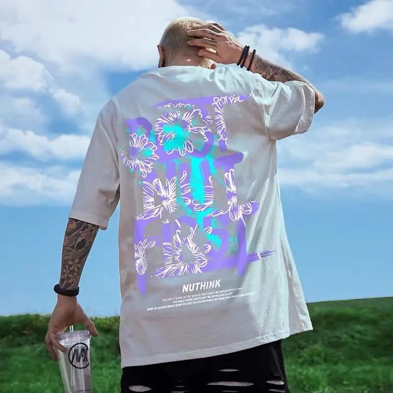 

Summer Fashion New Men's Short-Sleeved T-Shirt Creative Personality Letters Printed Loose Casual Trend Hip-Hop Round Neck Tops