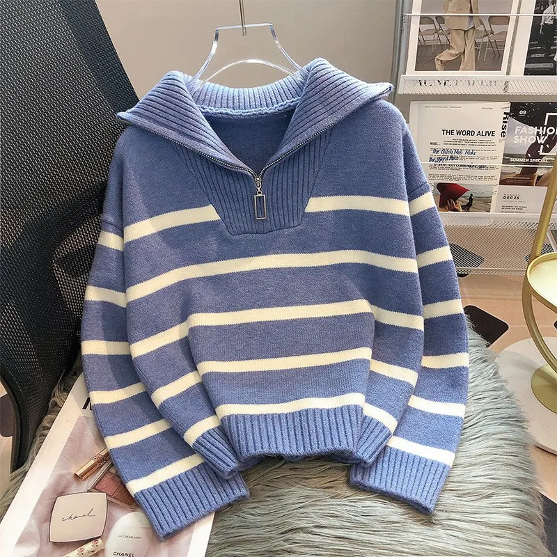 2025 Winter Warm Stripe Women Sweater Atumn Long Sleeve Loose Knitted Top Fashion Elegant Casual Knitwear Zipper Pullover