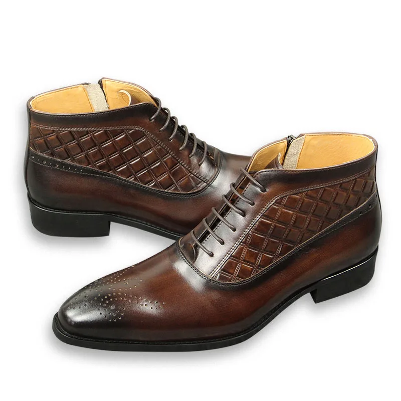 Casual Elegant Shoes Men Dress ankle Boots Leather For wedding Genuine Cow Brown Zipper lace up Business Handmade free shipping