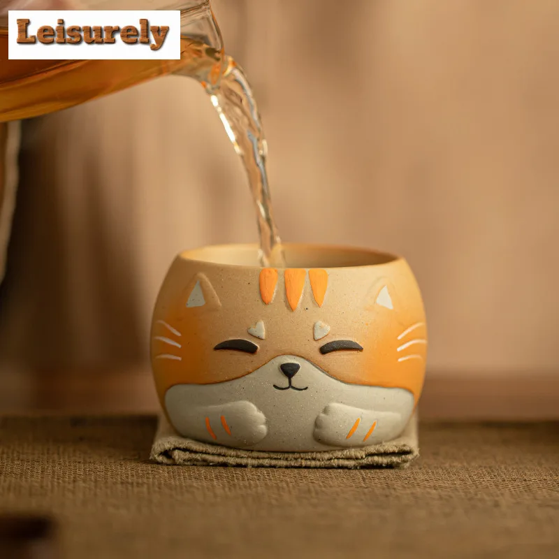 150ML Cartoon Hand-painted Wooden Fish Cat Teacup Luxury Tea Bowl Cup for Tea Fragrance Cup Jianzhan Master Cups Drinkware Craft