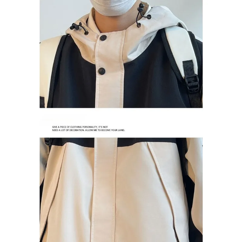 2023 Spring Autumn New Color Collocation Tooling Loose Storm Jacket Men Windproof Hooded Casual Short Plus Fat Plus Size Coat