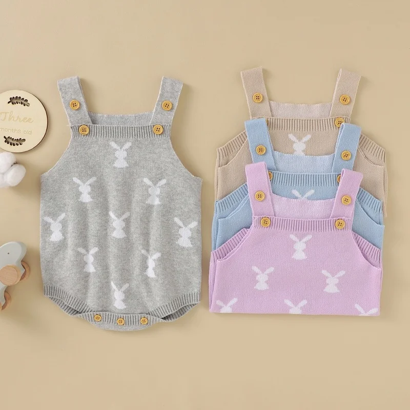 

2023 Summer Newborn Baby Girl Boy Lovely Rabbit Pattern One-Pieces Sleeveless Knitted Romper for Kids Infant