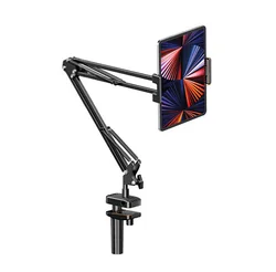 Rotatable Long Arm Metal Tablet and Phone Stand with 180° Adjustable Holder (Black)