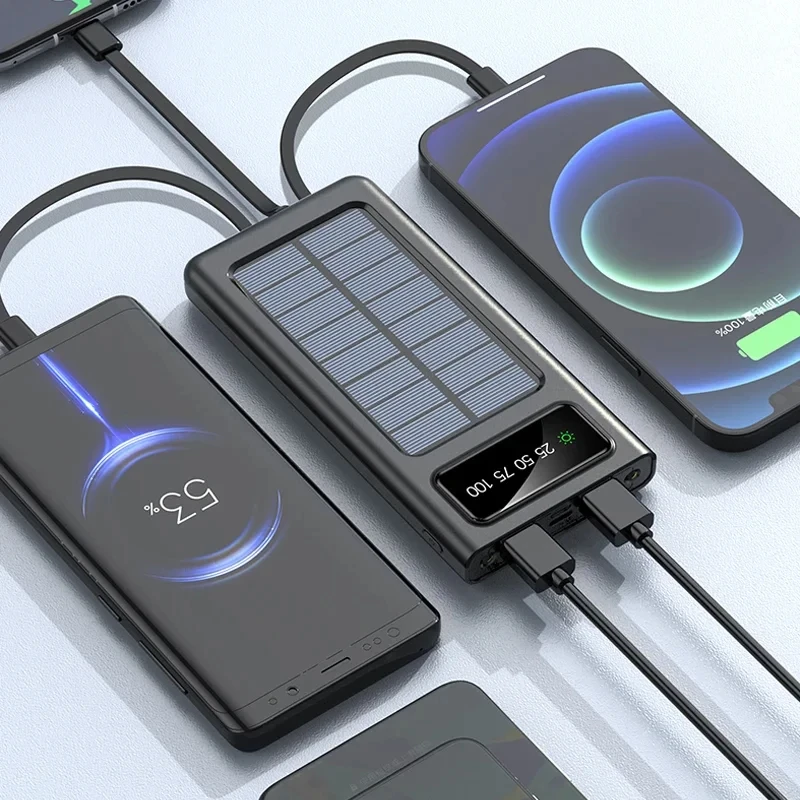 Xiaomi-Banco de energía Solar de 200000mAh, cargador con Cables integrados, 2 puertos USB externos con luz LED, cargador superrápido