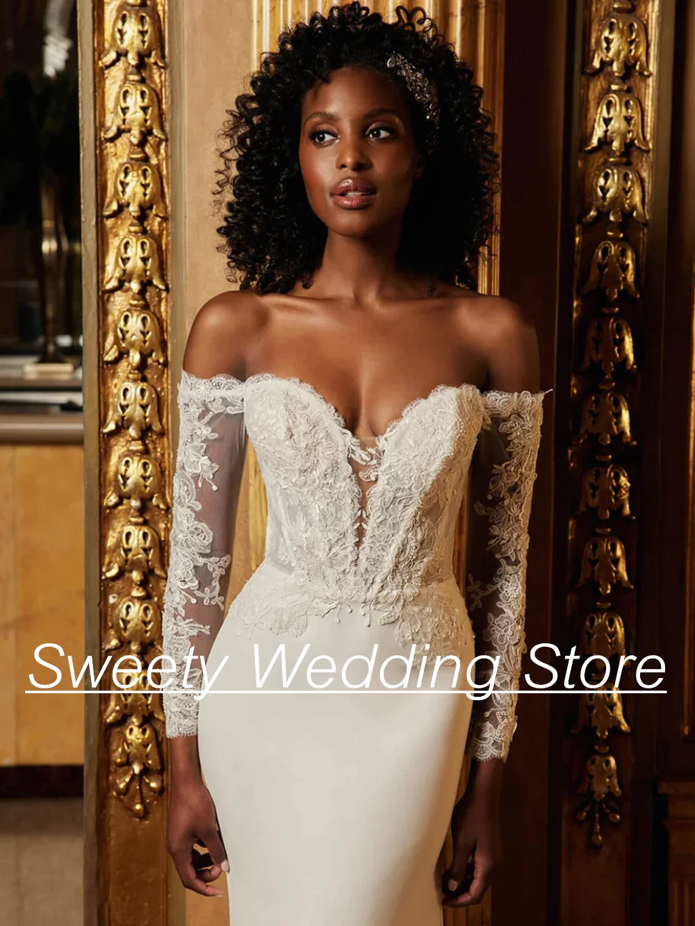 Africa Wedding Dress Long Sleeves Deep V Neck Lace Applique Backless Zipper Buttons Jersey Mermaid Bridal Gown