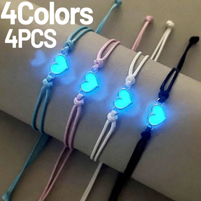 Bracelets lumineux en forme de cœur, cordon ciré tissé à la main, brillant dans le noir, bijoux faits à la main pour amis, cadeau, 1/4 pièces