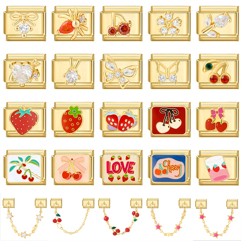 Valentinstag süße rosa Erdbeere Kuchen Landschaft DIY Herstellung Armband Frauen Männer Edelstahl 9mm italienische Charm Links passen