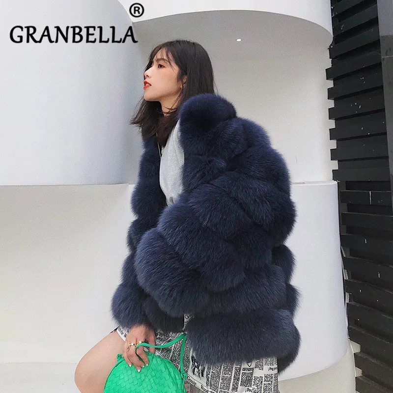 

2023 New Real fur,British design Vintage dark Blue panneled natural fox fur coats and jackets