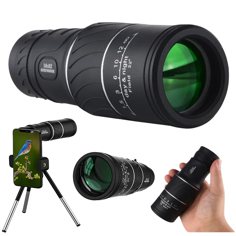 

16X52 Monocular Telescope HD Zoom Binoculars Low-light Night Vision With Mobile phone clip tripod Outdoor Hunting