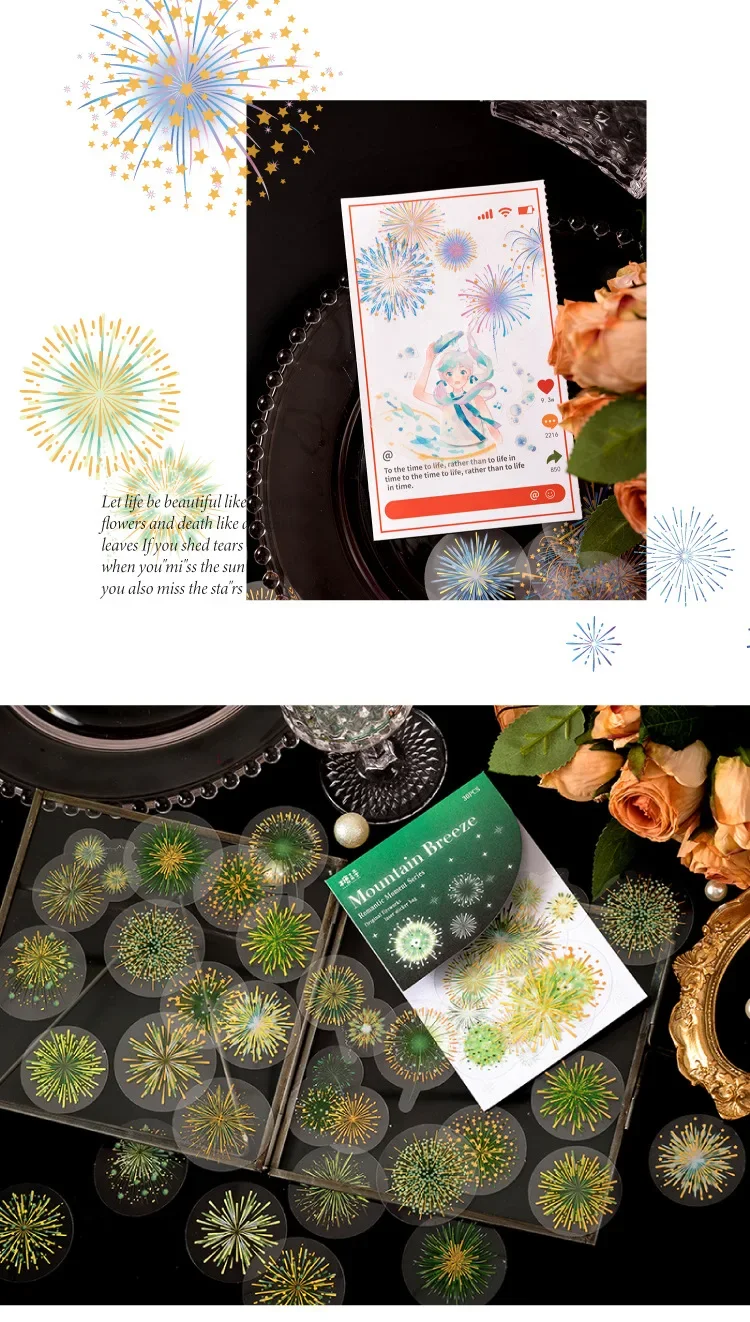 PET 핫 스탬핑 불꽃 놀이 레이저 스티커, 로맨틱 인스턴트 시리즈, 미적 핸드 계정 스크랩북 재료, 30 개/백