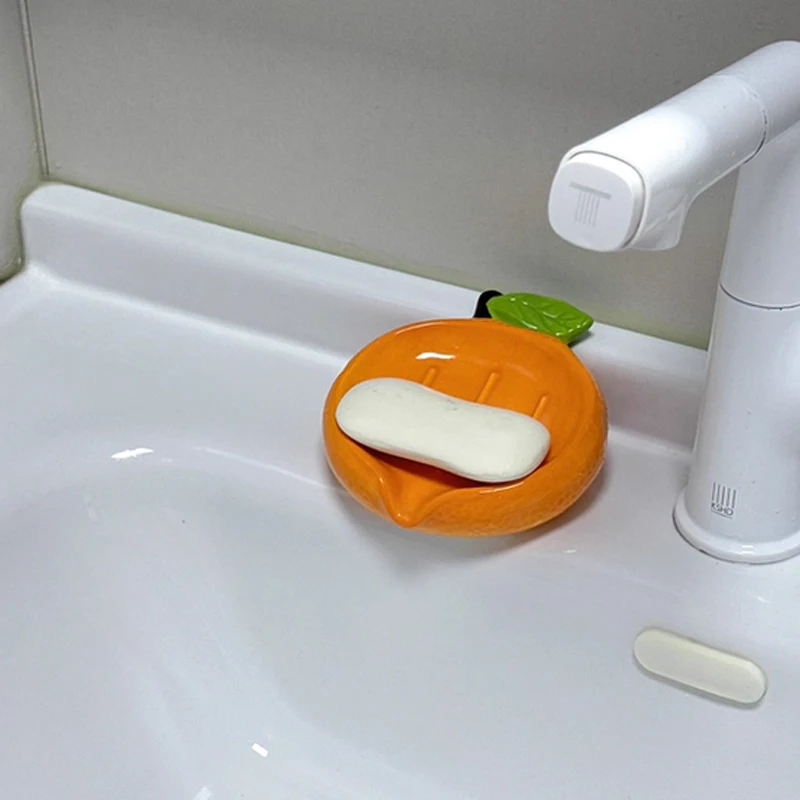 Ceramic Cute Cartoon Orange Shaped Soap Dishes Storage Rack, Home Bathroom Supplies Creative Light Luxury Drain No Punching, 1Pc