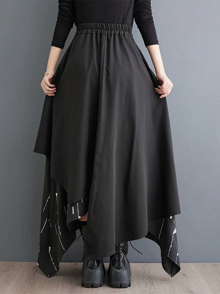 Black Vintage Print Irregular High Waist Skirt Women New Spliced Loose Casual Long Skirts Fashion Clothes Autumn Winter 2025
