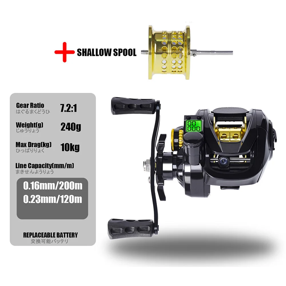 

Fishing Baitcasting Reel With Shallow Spool 7.2:1 Digital Aluminum Alloy Double Spools Left Right Hand With Line Counter Display