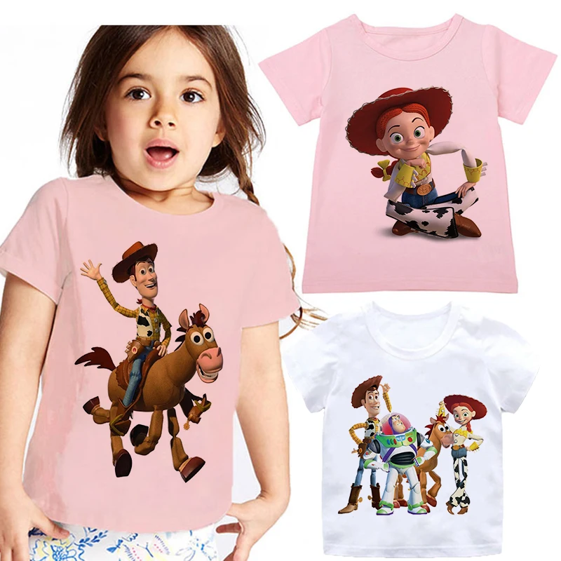 

2-9 Years Old Disney Fashion Funny Cartoon Toy Story T-Shirt White Pink Crew Neck Print Top Boy Clothes Girls Summer Clothes