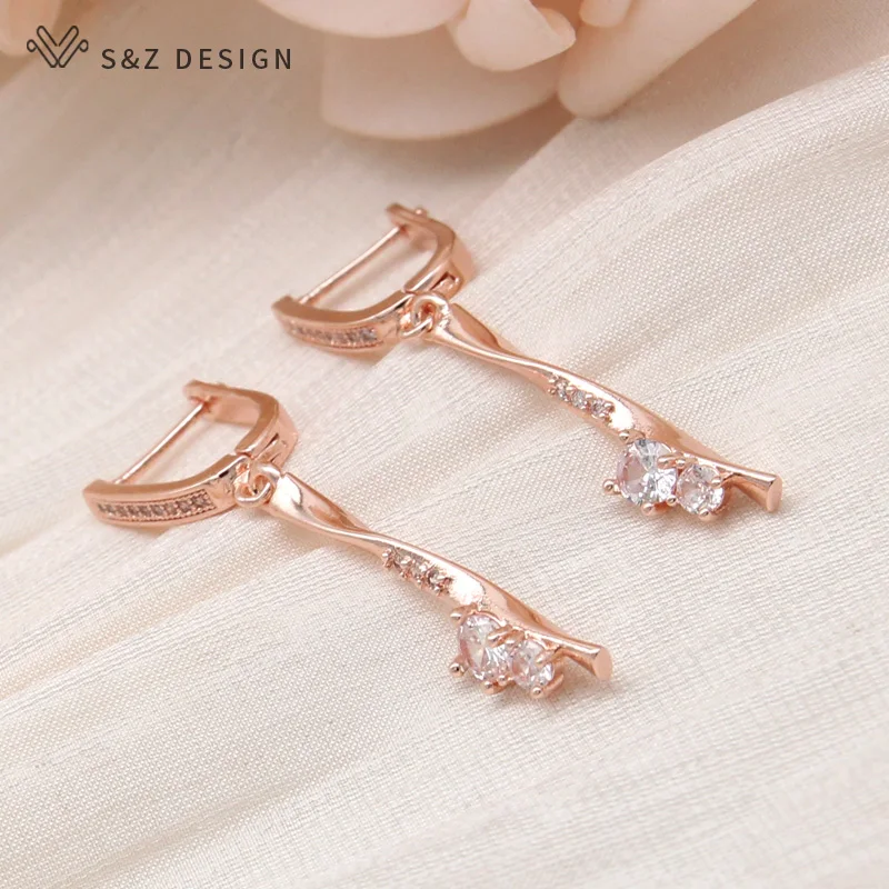 S&Z DESIGN New Fashion Long Spiral Round Cubic Zirconia Dangle Earrings For Women Trendy 585 Rose Gold Color Jewelry Gift