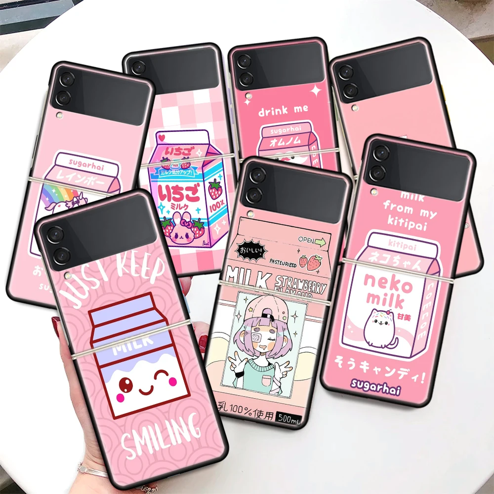 Kawaii Japanese Strawberry Milk Box Custodia Per Telefono Coque Per Samsung Galaxy Z Flip 4 3 5G Black Hard Cover Zflip 3 4 Luxury Shockpro