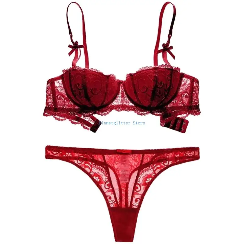 652B Women's Cup Lace Bra Underwired Low Cut Bra Bows Shelf Bra Bralette Lingerie