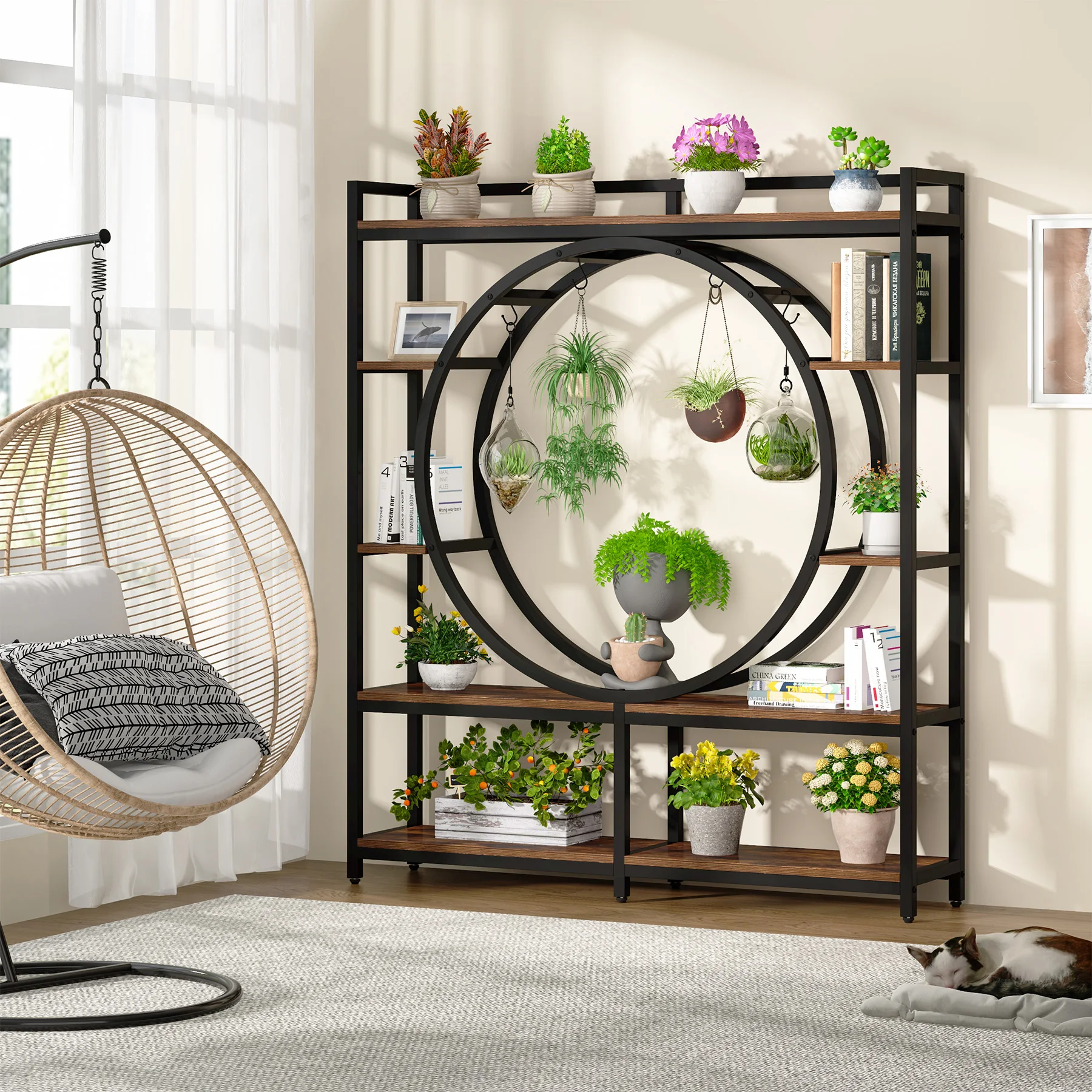 Tribesigns 5-Tier Tall Plant Stand Indoor, 59" Wide Large Metal Plant Stand with 4 Hanging Hooks, Multi-Tiered Shelf