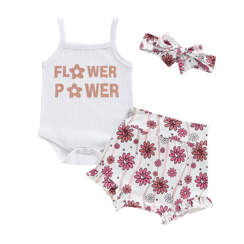 

Baby Girl Summer Outfit Letter Print Cami Romper with Floral Ruffled Shorts and Headband 3Pcs Set