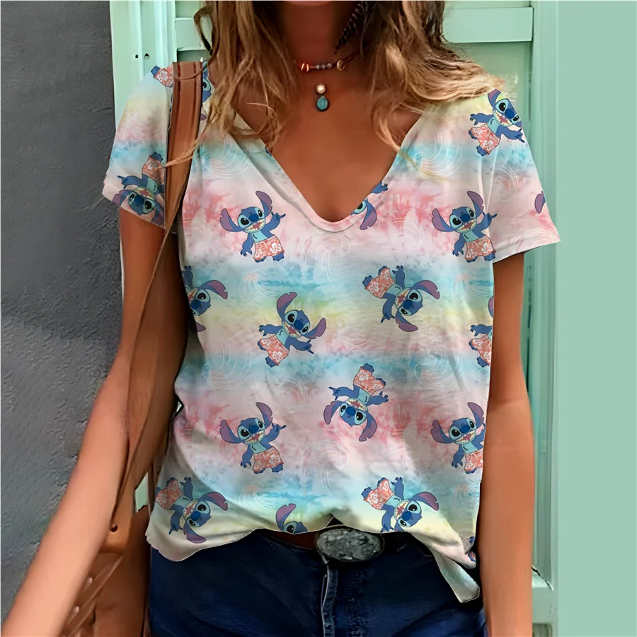 

2023 Stitch Disney Mickey T-shirt Ladies V-neck Kawaii Graphic T Shirts Vêtements Manga Minnie Mouse Tops