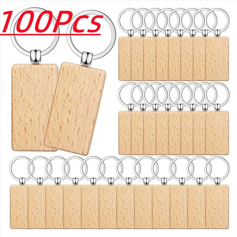 

100pcs Rectangle Wood Keychain Blank Wooden Car Advertisement Diy Craft Bulk Wholesale