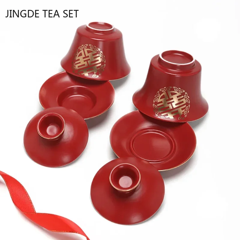 Boutique Red Ceramics Gaiwan with Lid Master Cup Handmade Porcelain Tea Cup Household Tea Bowl Wedding Tea Set Accessories