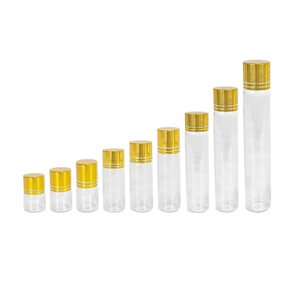 6pcs 5ml 10ml 15ml 20ml 25ml 35ml Glass Bottles with Gold Plastic Screw Caps Empty Glass Jars Crafts Bottles Food Grade Storage 2