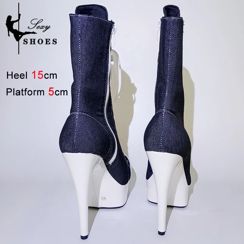 2023 Autumn Women's Boots Shoes Strip Pole Dance Round ZIPPER oe High Platform Shoes Canvas Thin Heels Strappy 15cm Ankle Boots