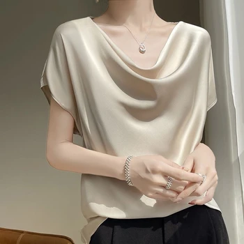 Silk Satin T-shirt Women's French Style Spring Summer Minimalist Elegant Short Sleeve Tops Temperament T-shirts for Women