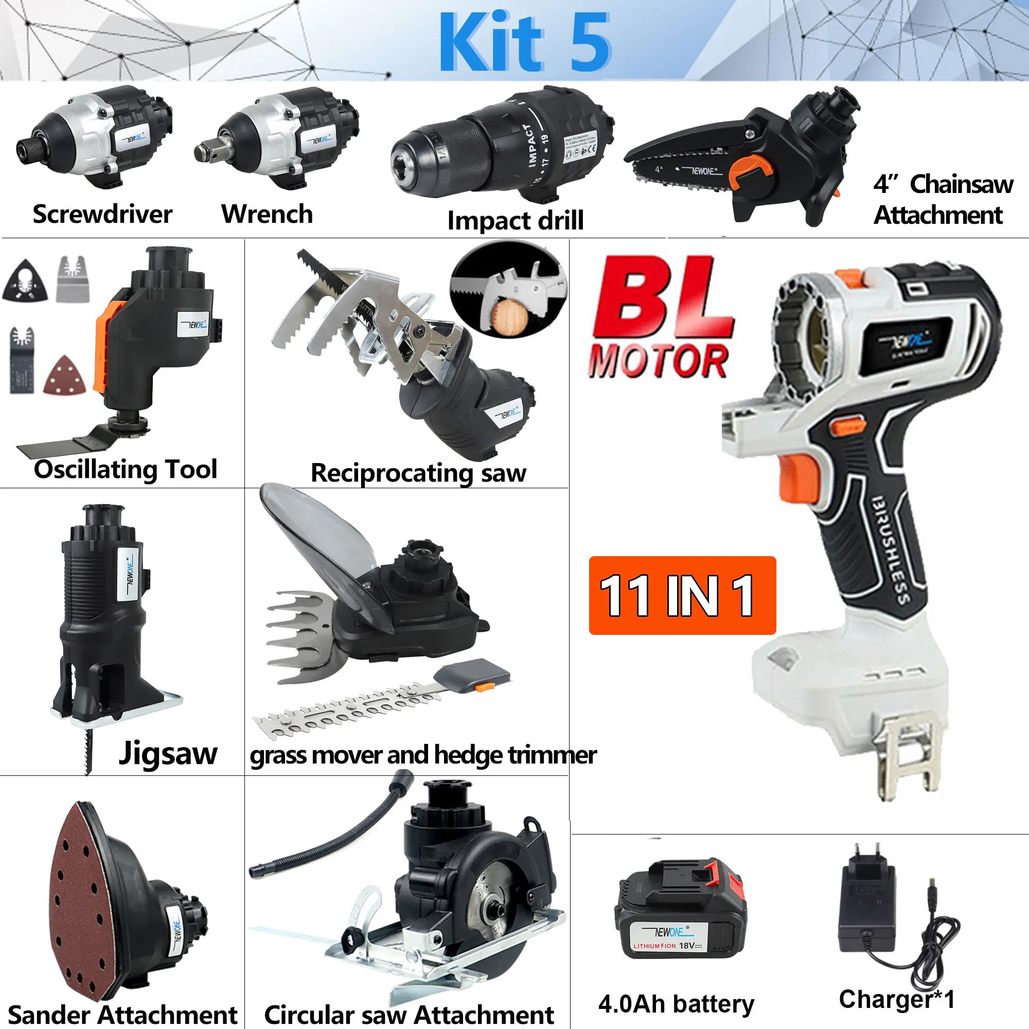 NEWONE 10 in 1 Brushless Multifunctional Tools Impact Drill Cordless DIY  Reciprocating Saw Sander Chainsaw Power