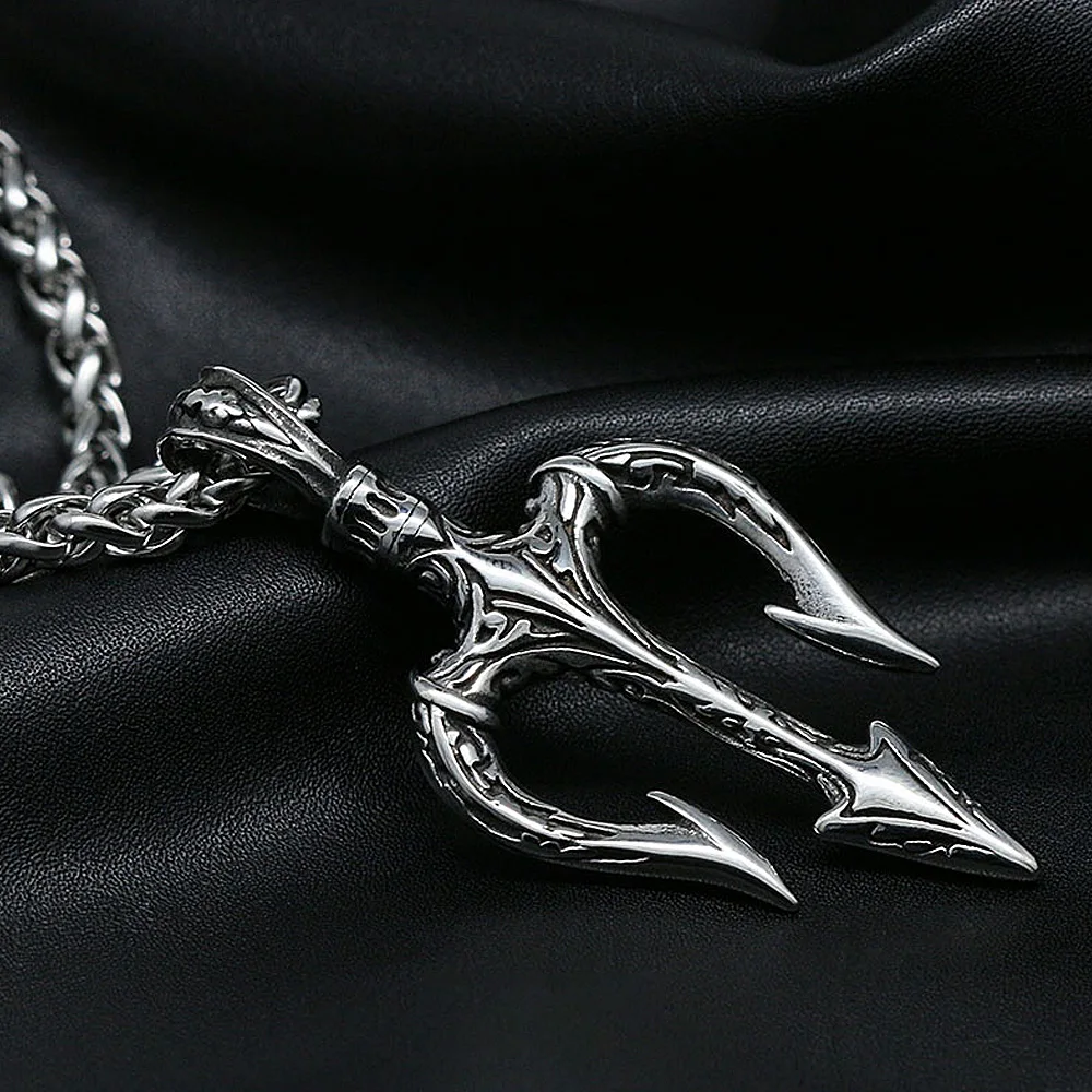 Pendentif Trident En Titane Argenté - Collier Ras Du Cou Homme - Cadeau Petit Ami