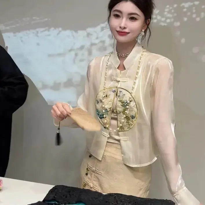 New Chinese Style Embroidery Stand Collar Long Sleeve Disc Buckle Sun Protection Coat New Summer Casual Cheongsam Jacket