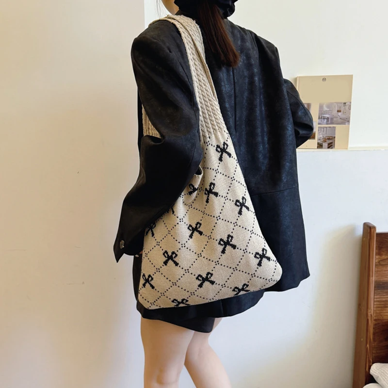 Women's Bow Knitted Eco Bag Korean Foldable Crochet Rope Shoulder Sweet Knitting Handbag Ins Tote Bag Shopper